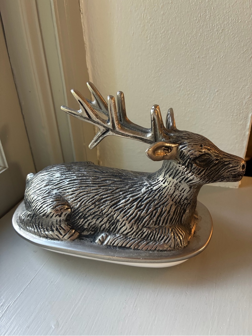 Pottery Barn Stag Reindeer Deer Buick Pewter Butter Dish with Ceramic Bottom